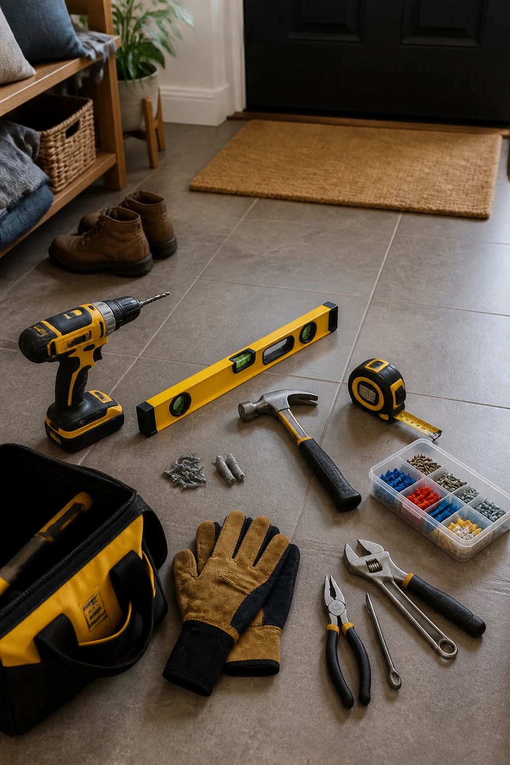 weekend DIY tools laid out on entry floor
