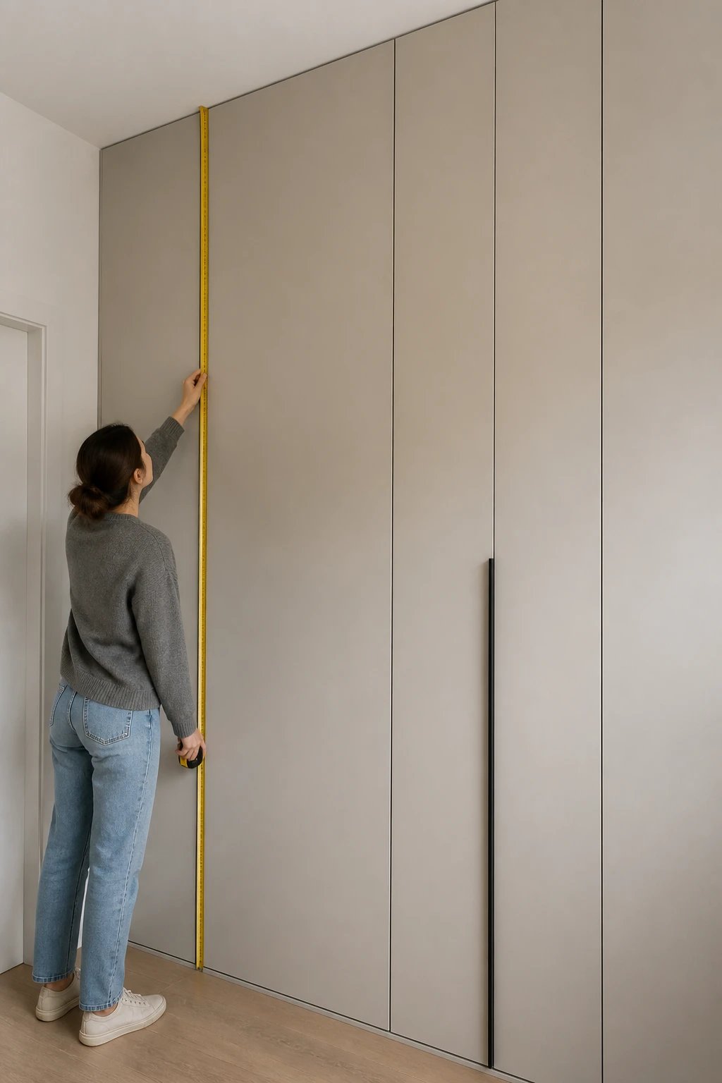 measuring tape against tall closet wall
