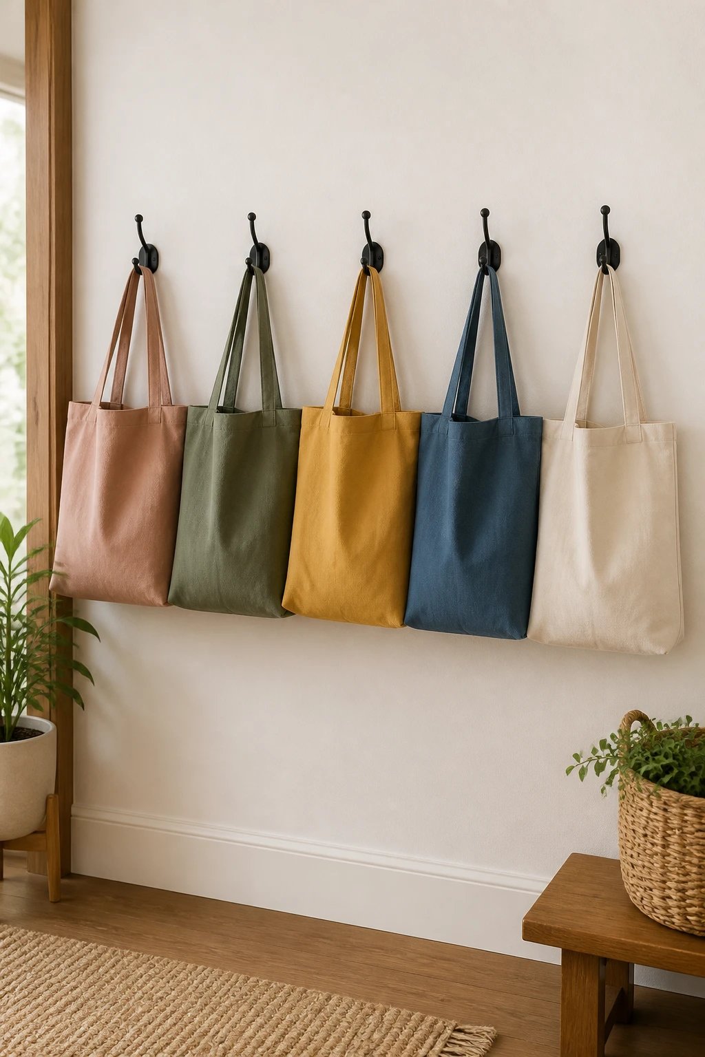 installed wall hooks with labeled tote bags