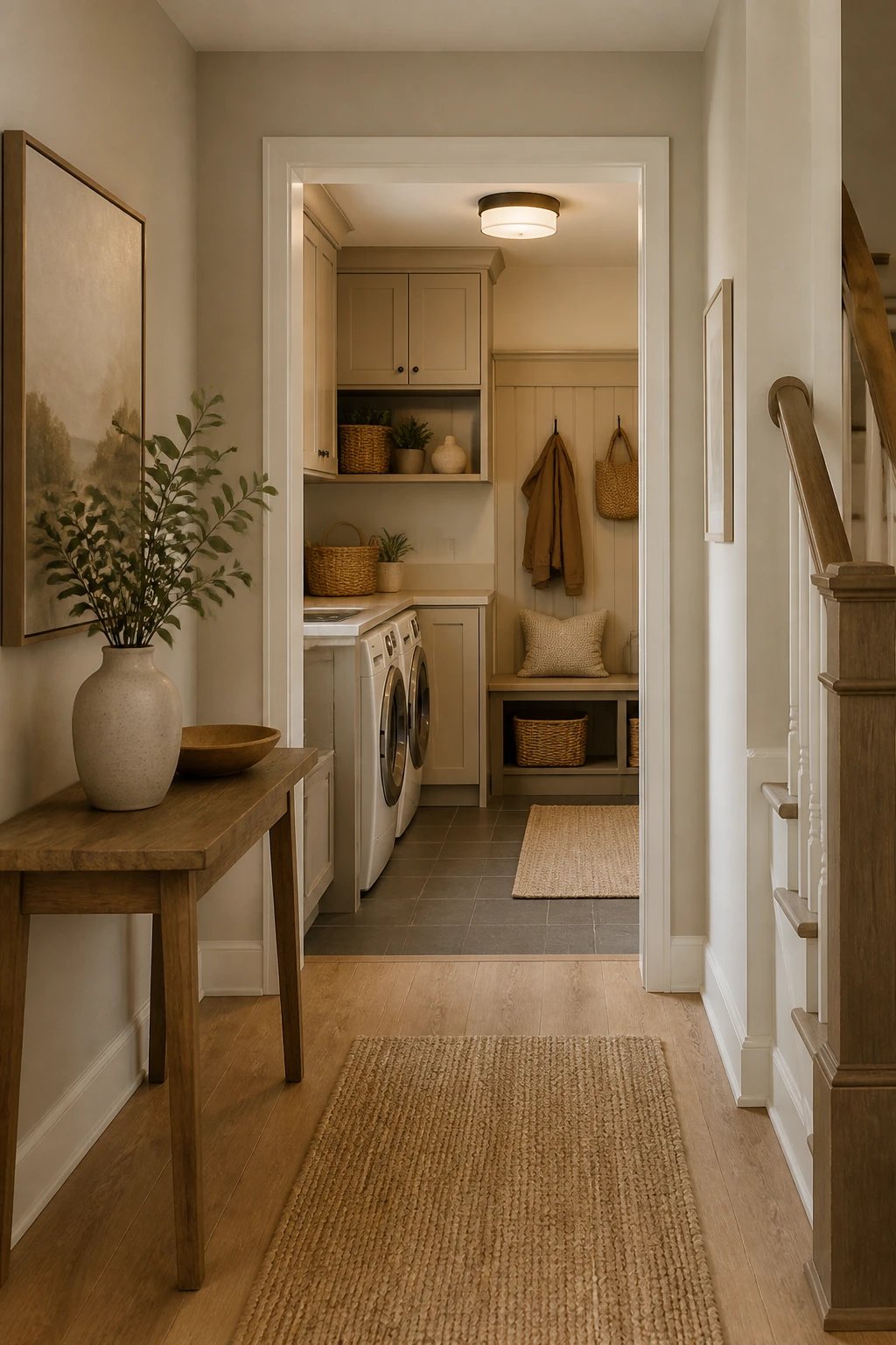 Warm neutral hallway flowing into compact laundry entry