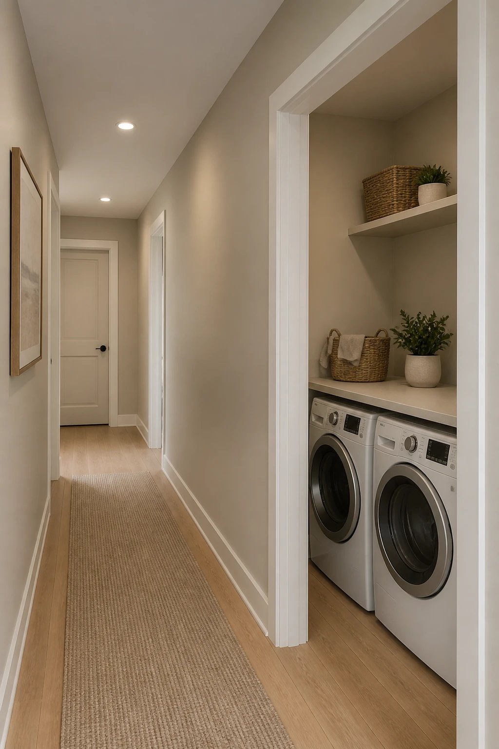 Matching wall color shades between hallway and laundry nook