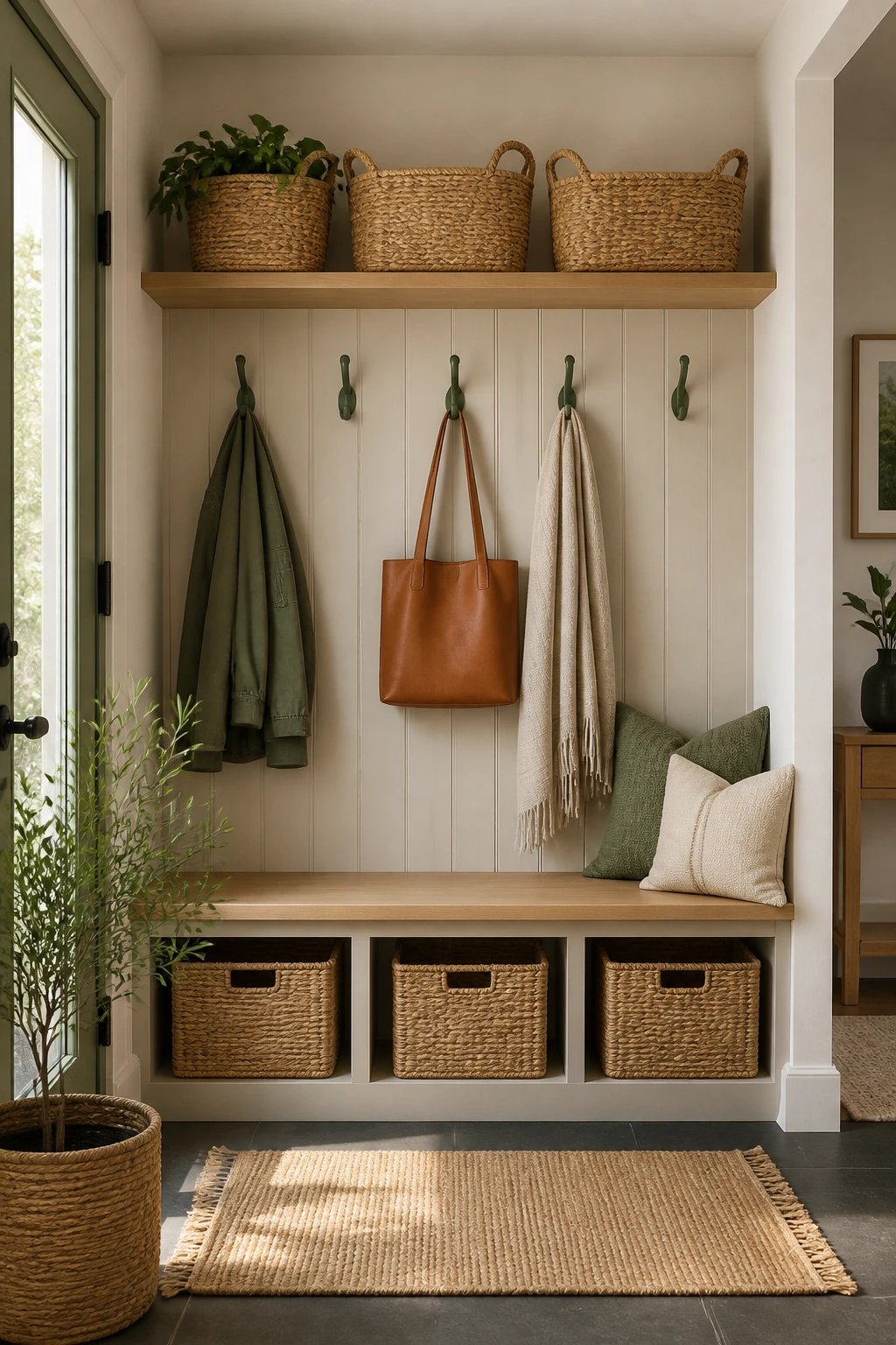 Repeated accent color hooks and woven baskets