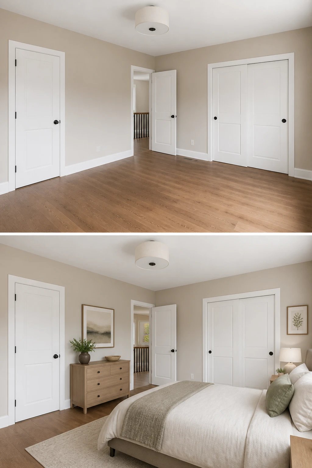 Consistent white trim on doors and baseboards