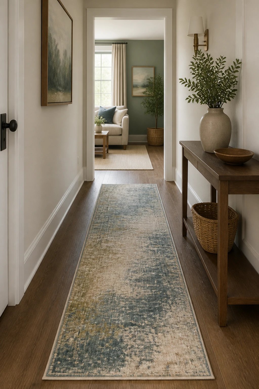 Slim runner rug echoing adjacent room colors