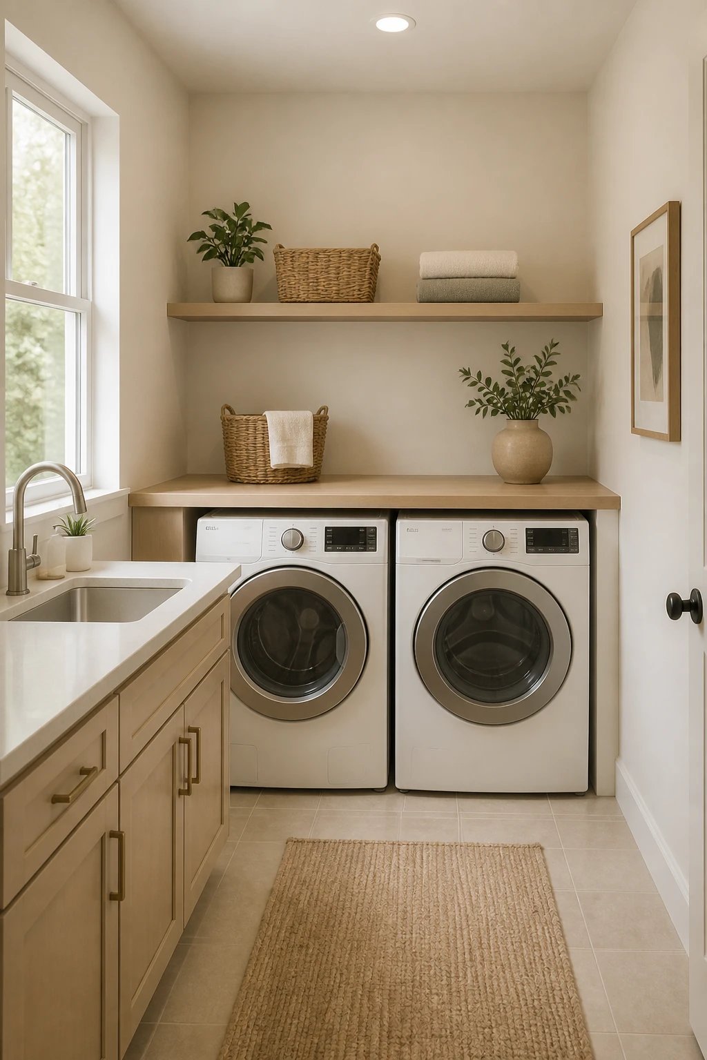 Soft beige paint, slightly lighter laundry walls