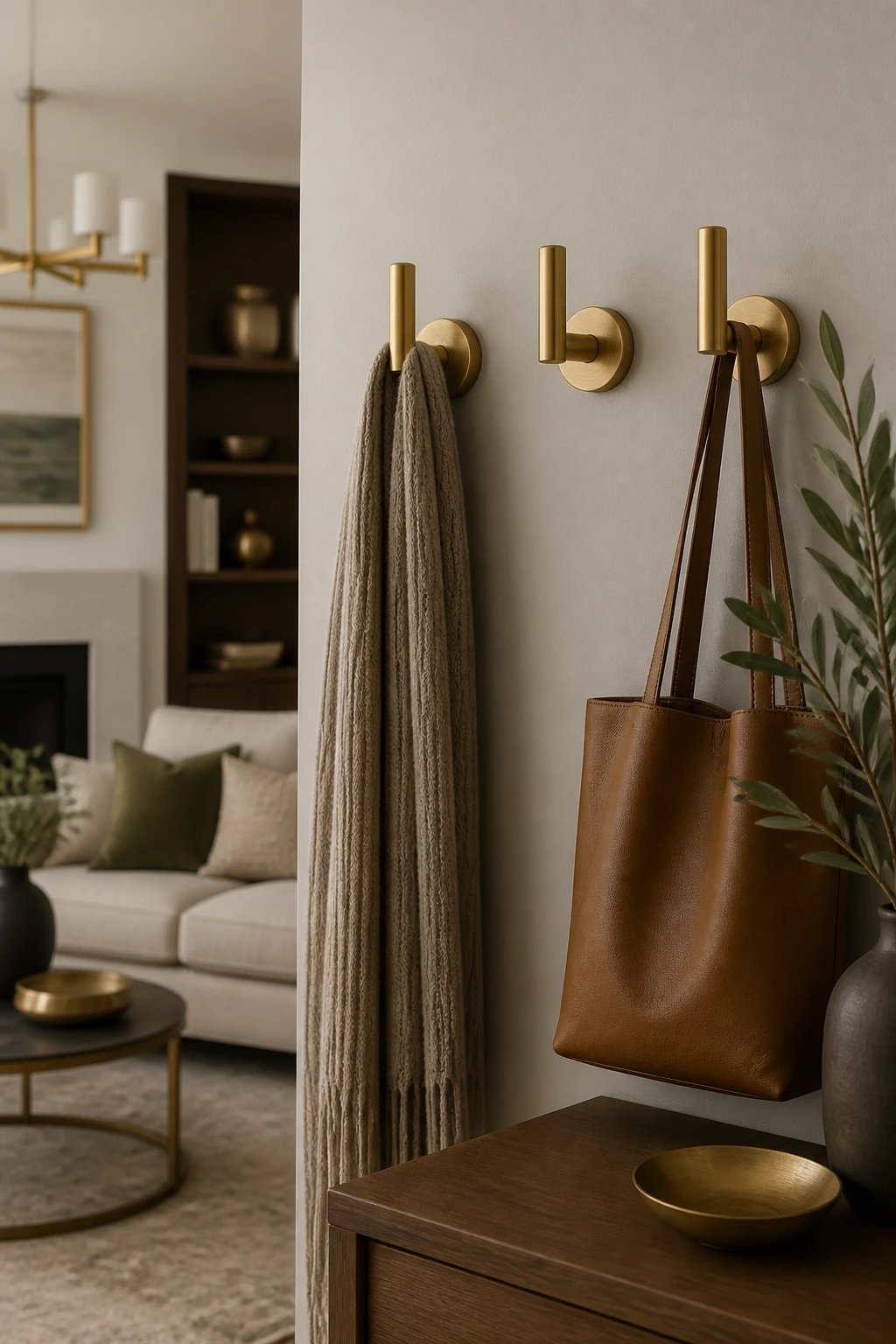 Brushed brass hooks matching living room accents