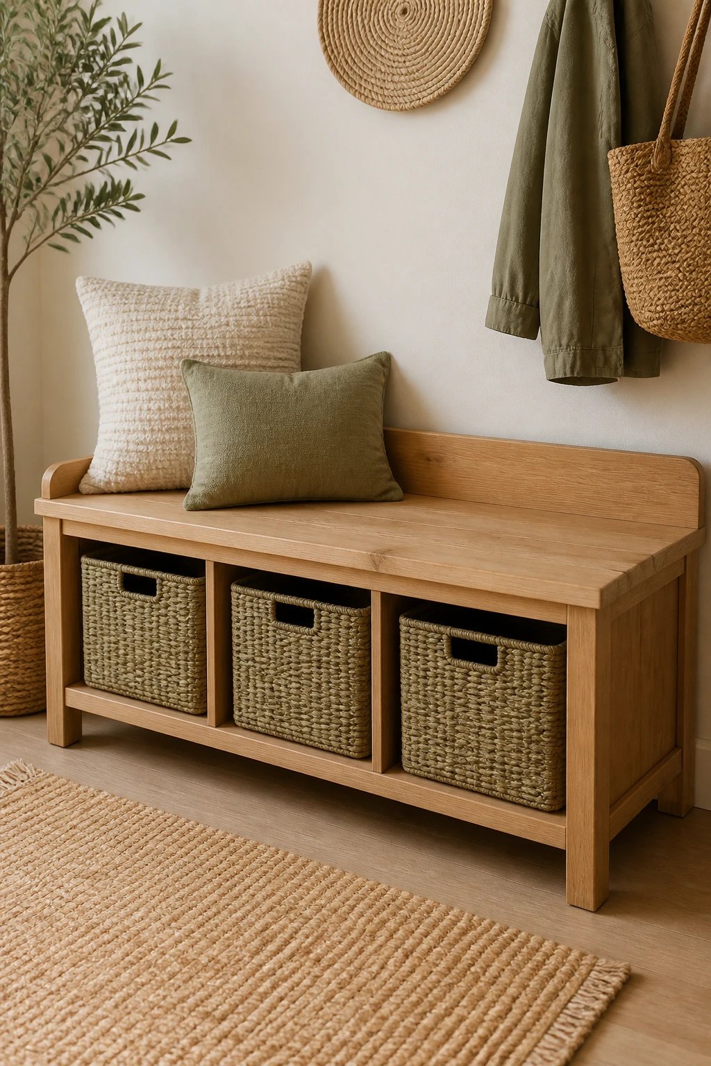Natural wood bench with color-coordinated baskets