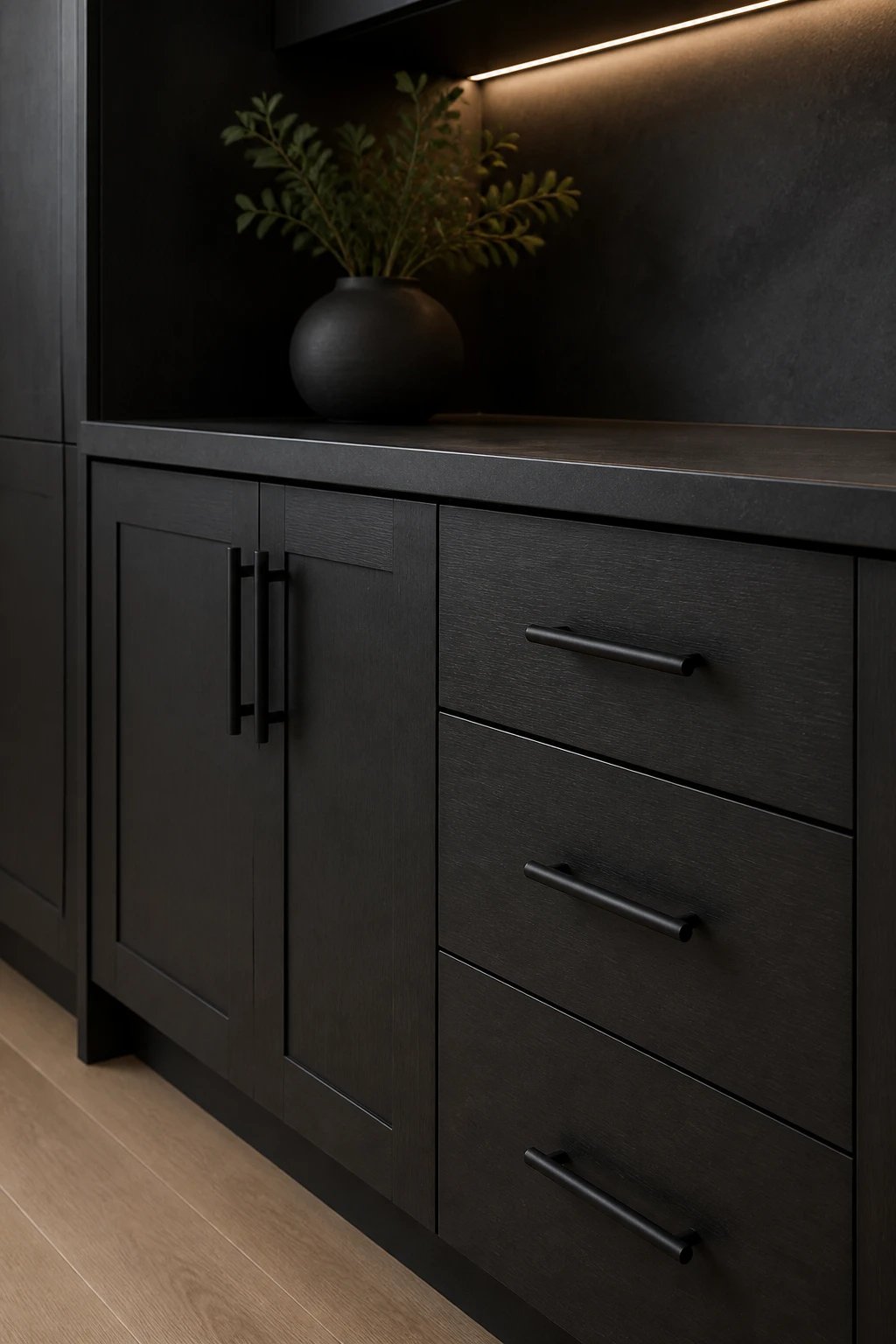 Minimalist black hardware matching nearby cabinetry