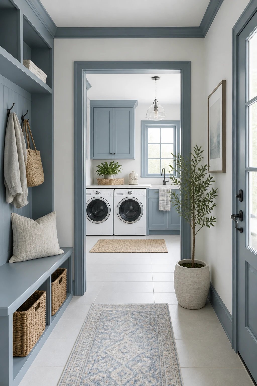 Airy cool palette laundry entry with cohesive trim